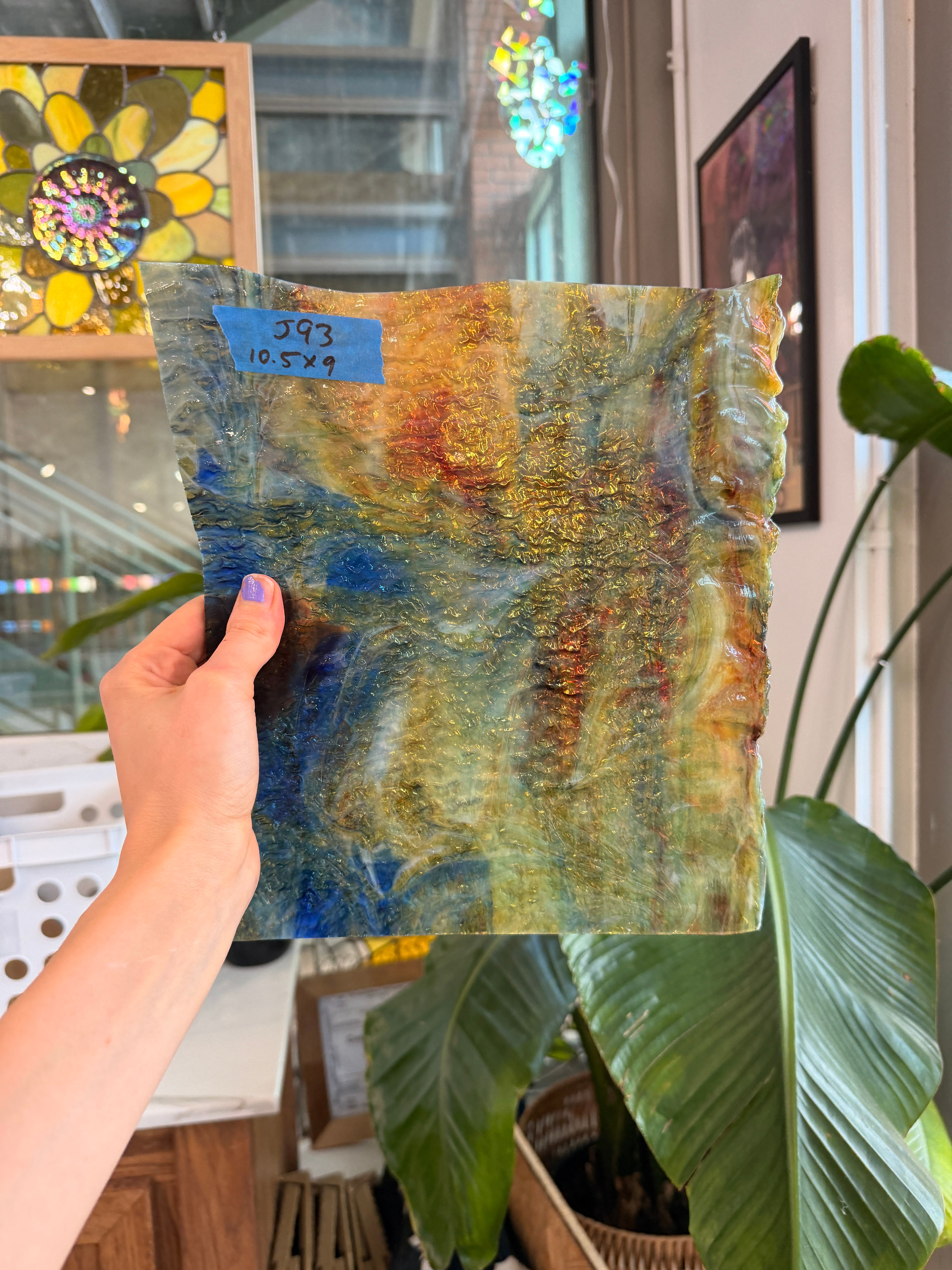 Vintage Transparent Blue Amber Mixed Textured Uroboros Fusible Sheet Glass Uroboros Glass 10.5x9in (UR-75824429)