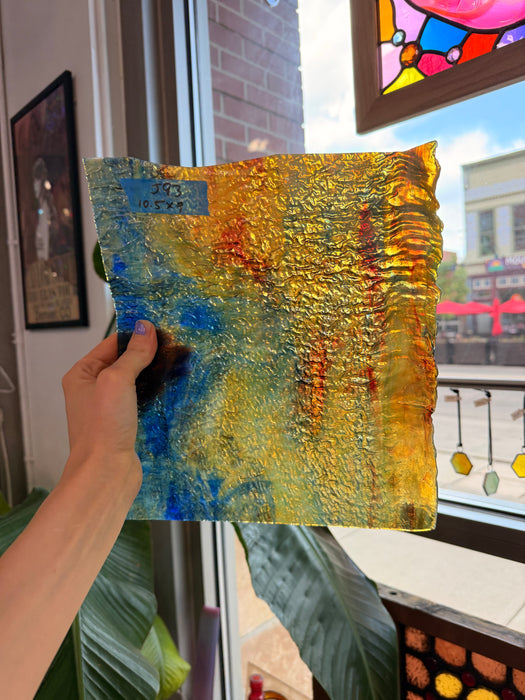 Vintage Transparent Blue Amber Mixed Textured Uroboros Fusible Sheet Glass Uroboros Glass