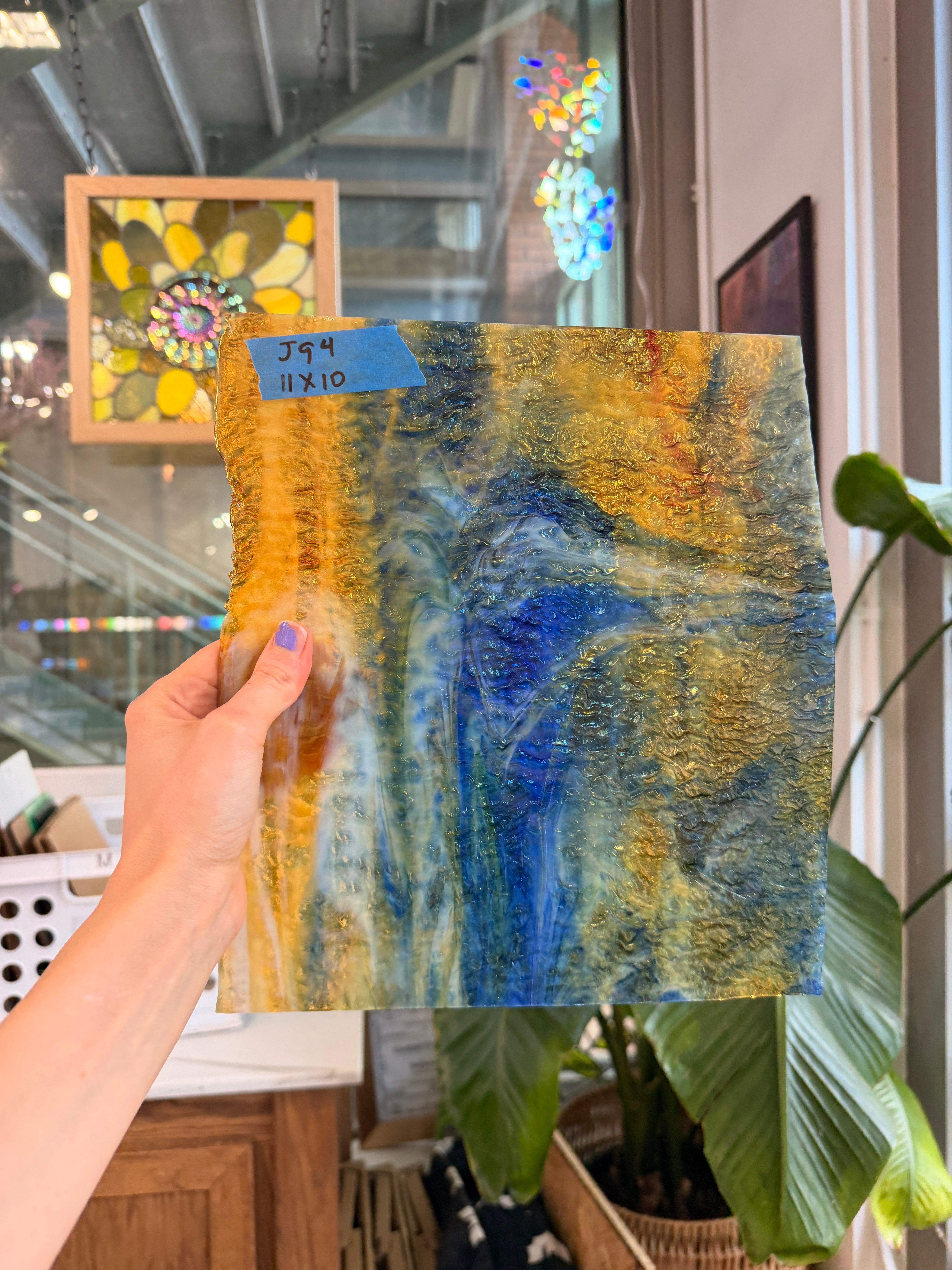 Vintage Transparent Blue Amber Mixed Textured Uroboros Fusible Sheet Glass Uroboros Glass 11x10in (UR-75857197)