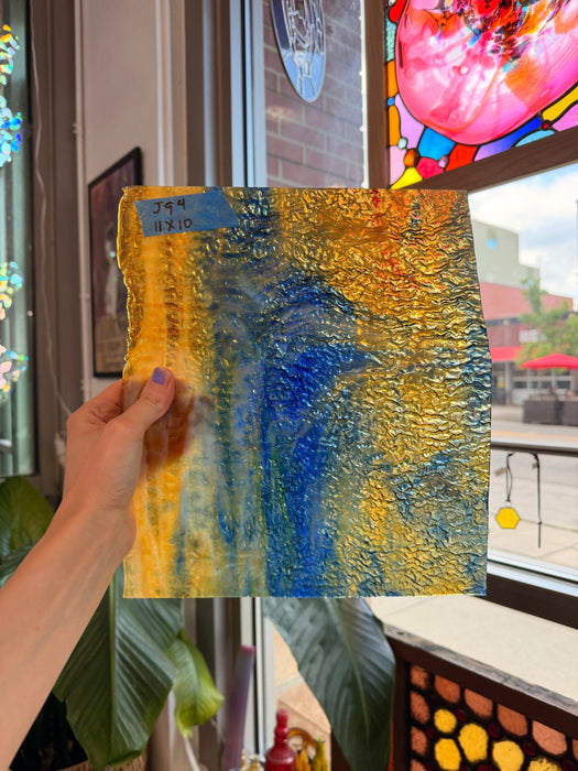 Vintage Transparent Blue Amber Mixed Textured Uroboros Fusible Sheet Glass Uroboros Glass