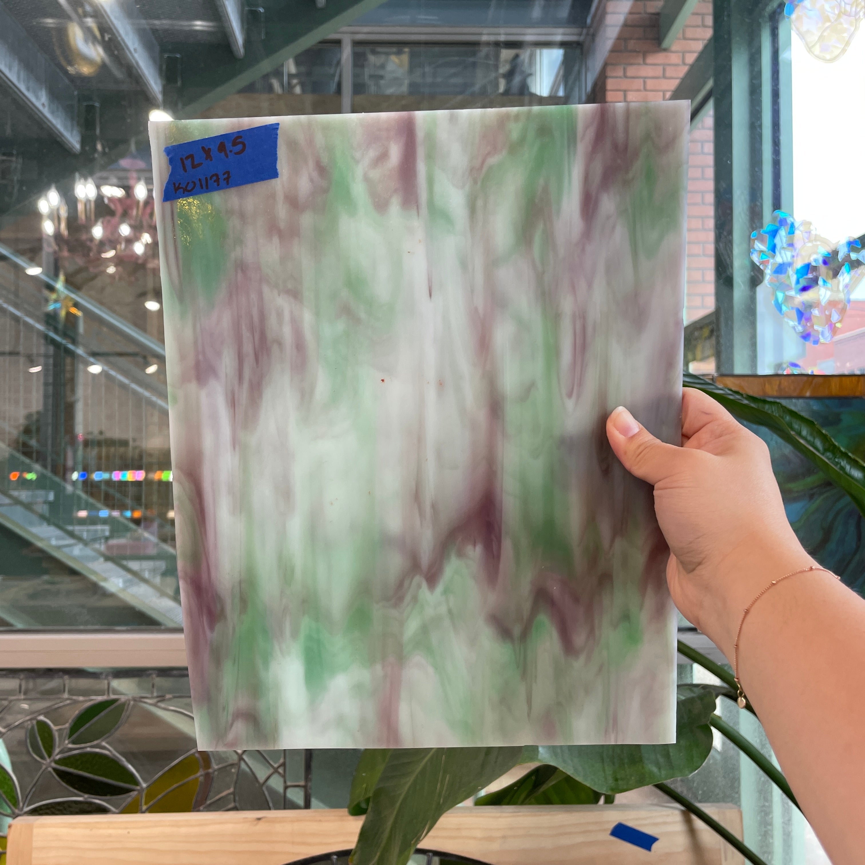 Purple Green White Wispy Kokomo Sheet Glass Kokomo KO1177 (12x9.5in)