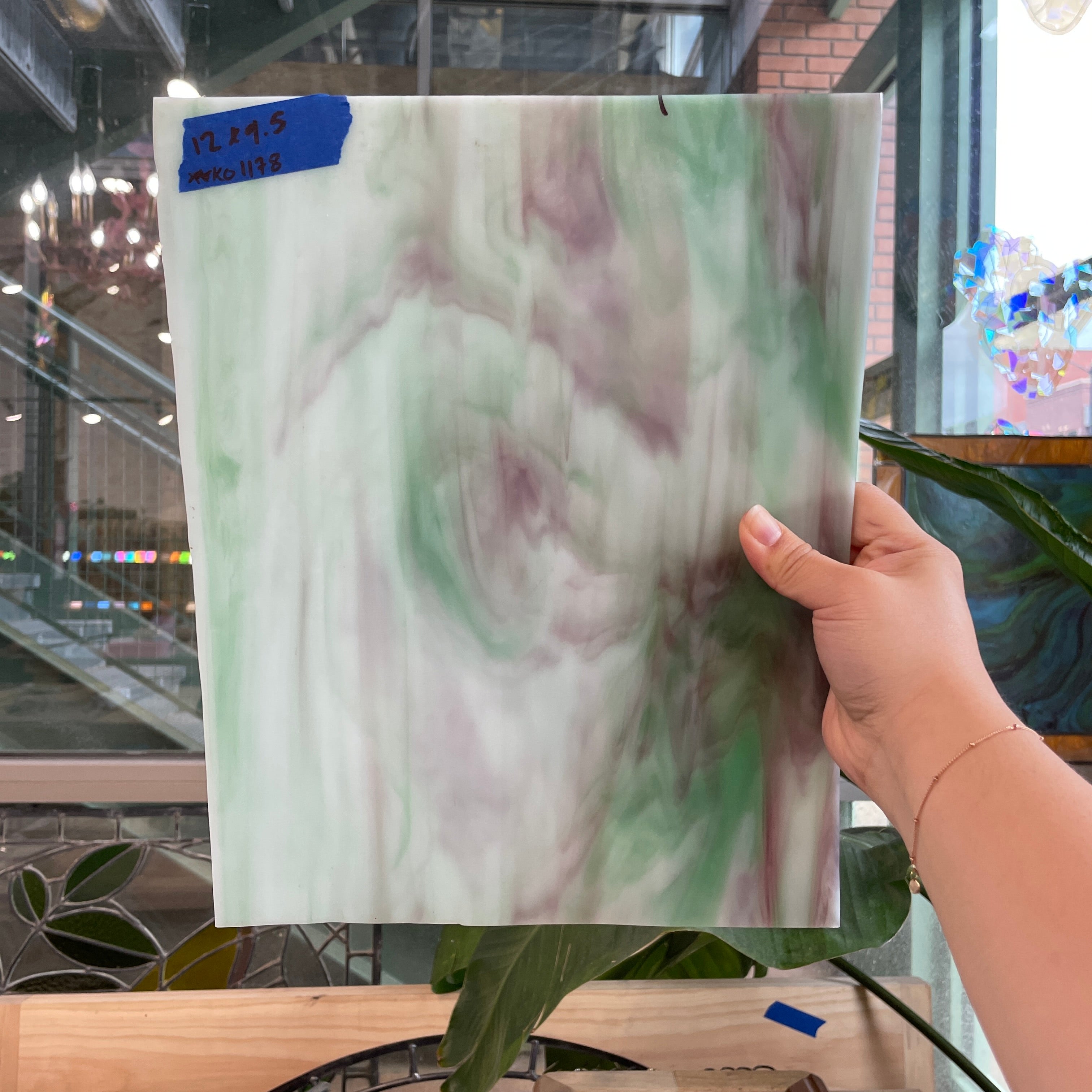 Purple Green White Wispy Kokomo Sheet Glass Kokomo KO1178 (12x9.5in)