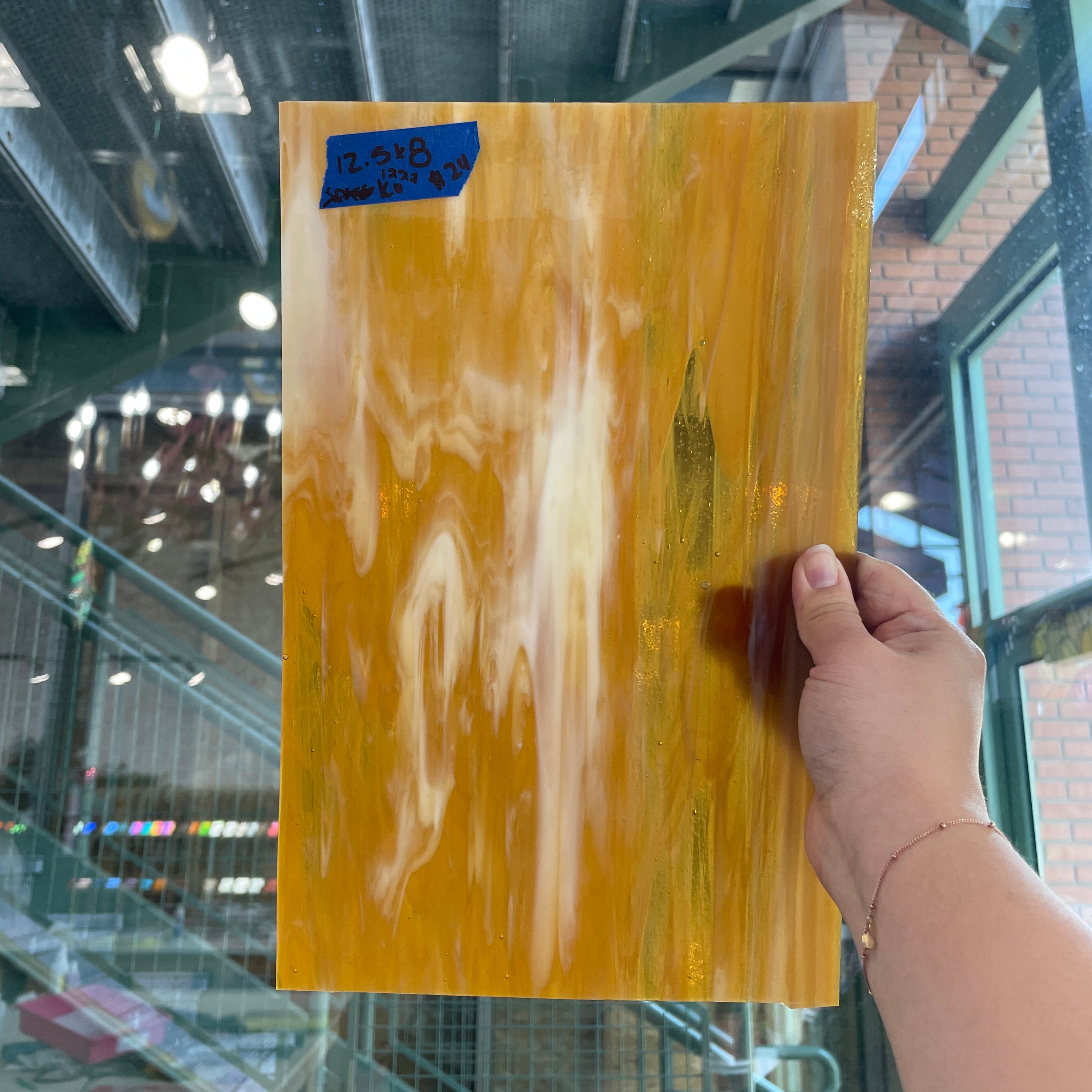 White Caramel Wispy Kokomo Sheet Glass Colorado Glassworks KO1227 (12.5x8in)