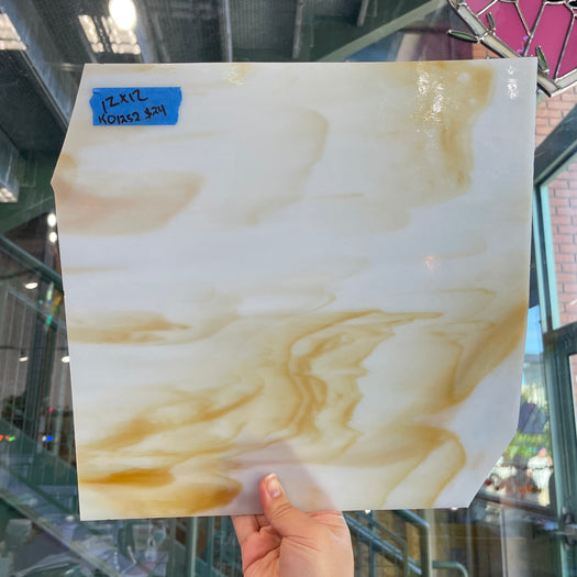 Light Caramel White Wispy Kokomo Sheet Glass Colorado Glassworks KO1252 (12x12in)