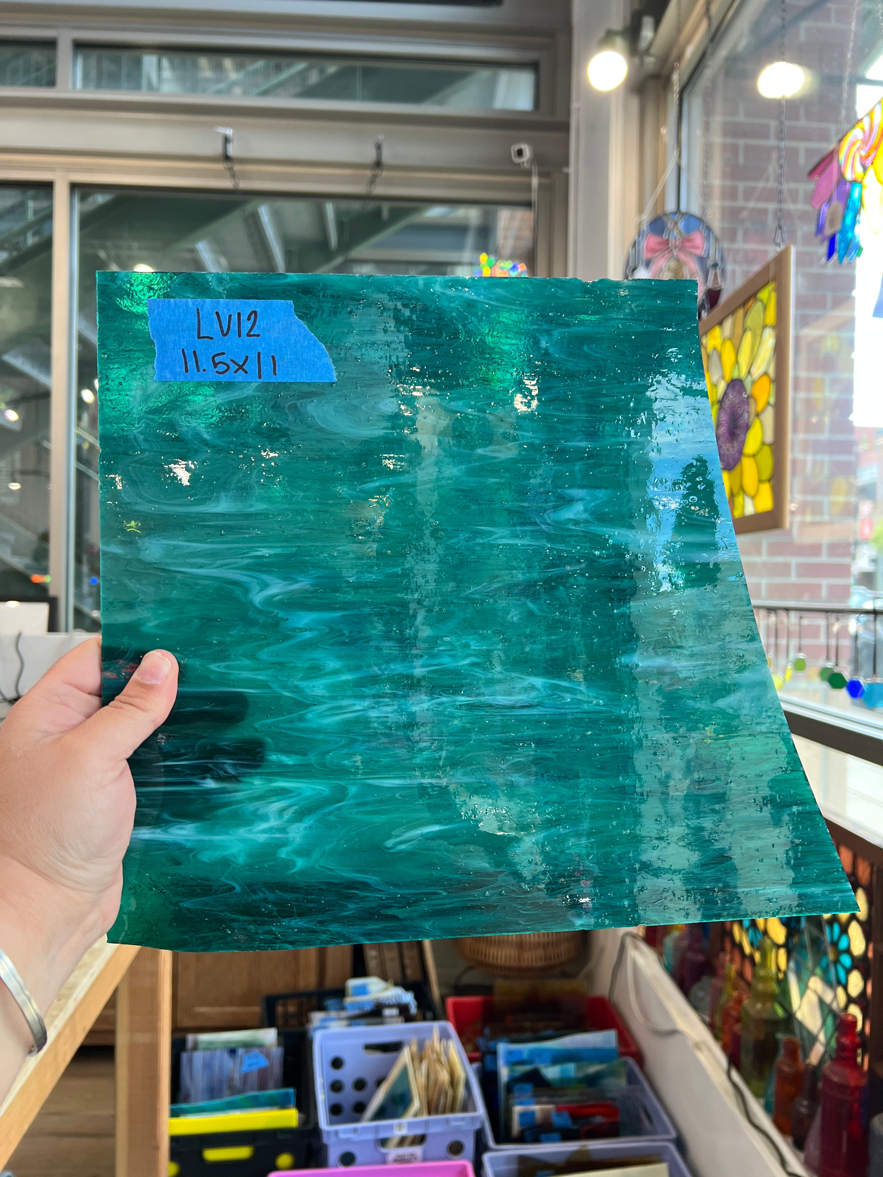 Teal White Wispy Kokomo Sheet Glass Kokomo Glass LV12 (11x11.5inin)