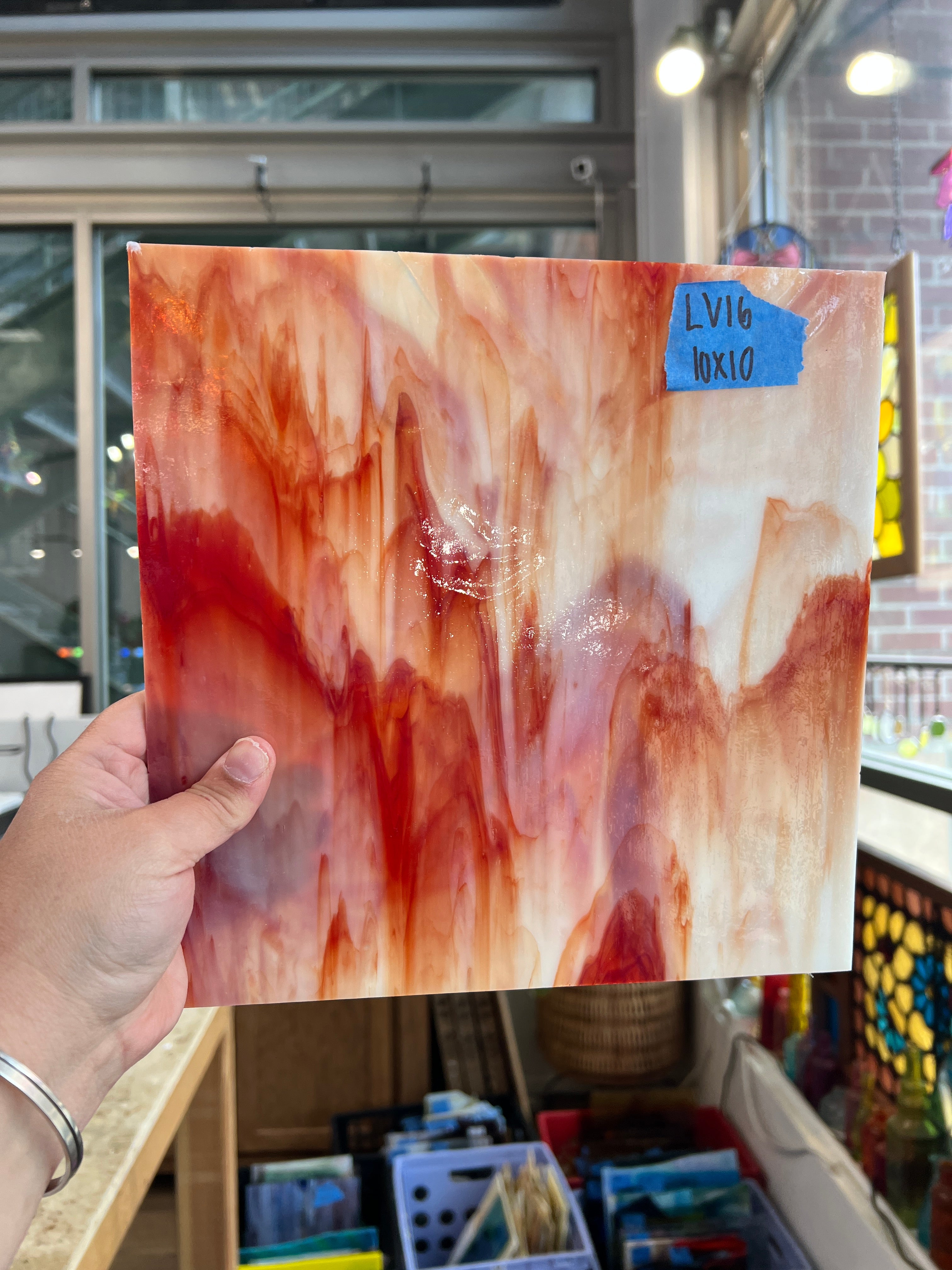 Red White Wispy Opaque Vintage Kokomo Sheet Glass Kokomo Glass LV16 (10x10inin)