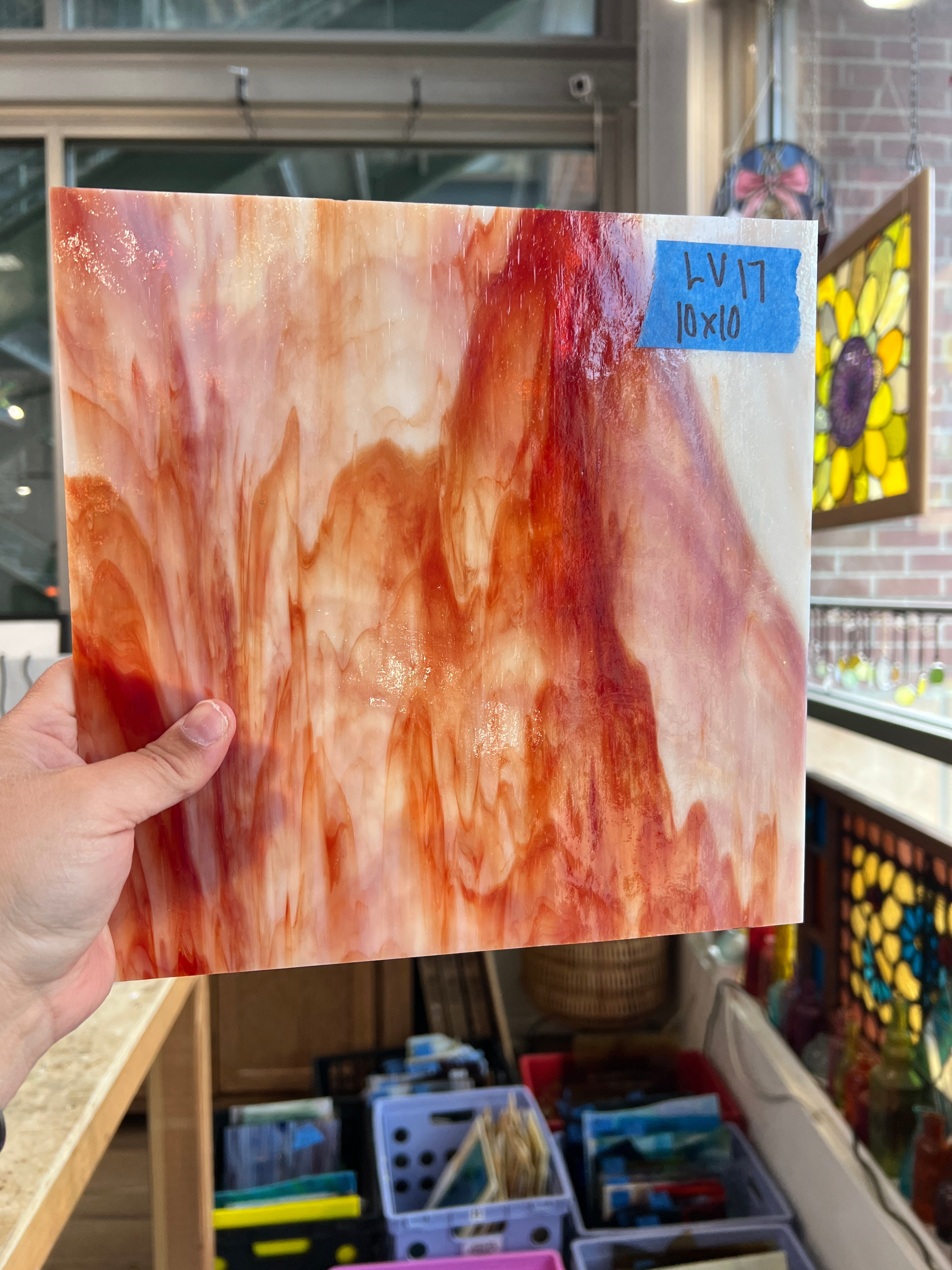 Red White Wispy Opaque Vintage Kokomo Sheet Glass Kokomo Glass LV17 (10x10inin)