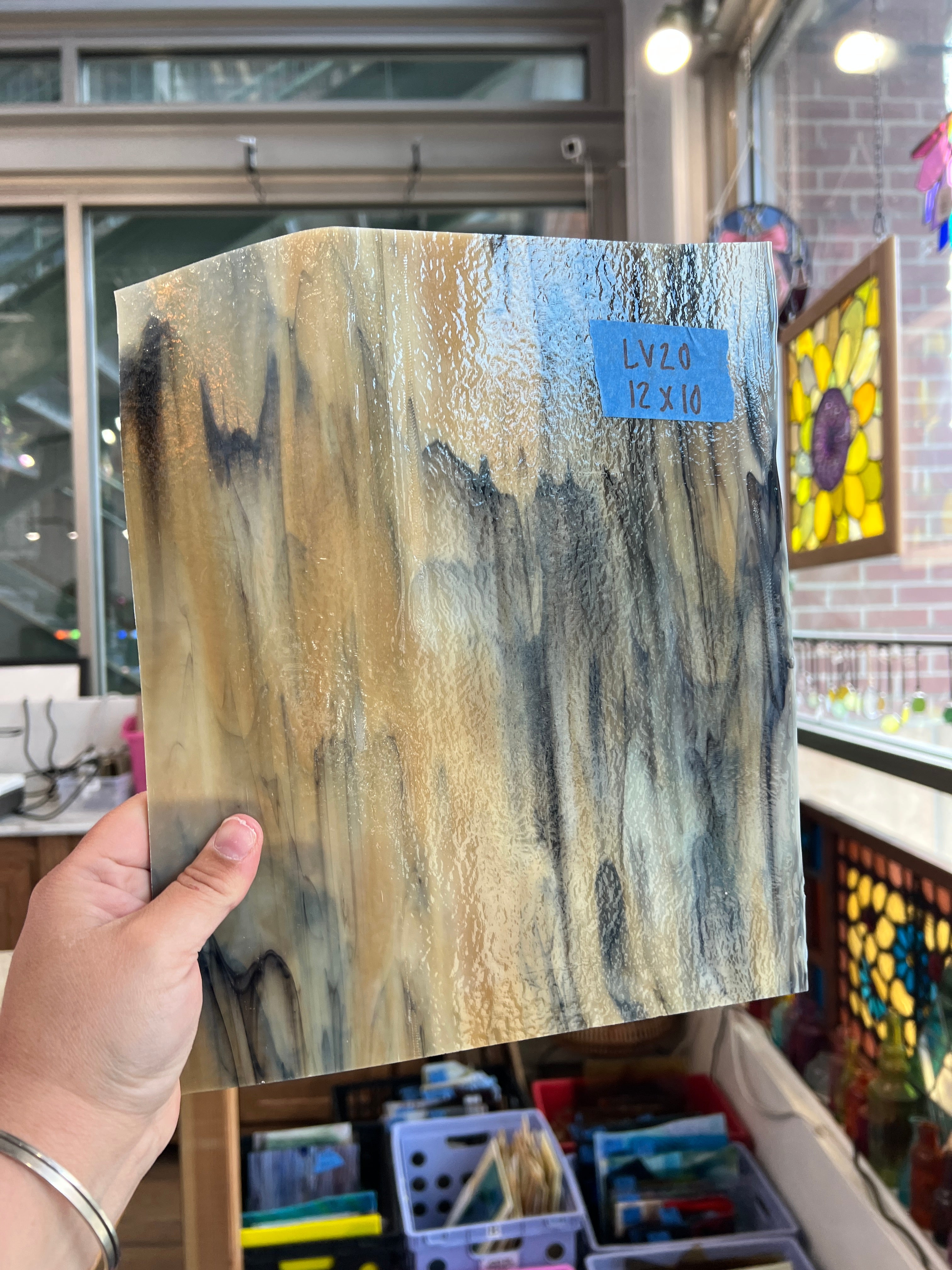 Tan Black Wispy Bullseye Fusible Sheet Glass Bullseye Glass LV20 (12x10inin)