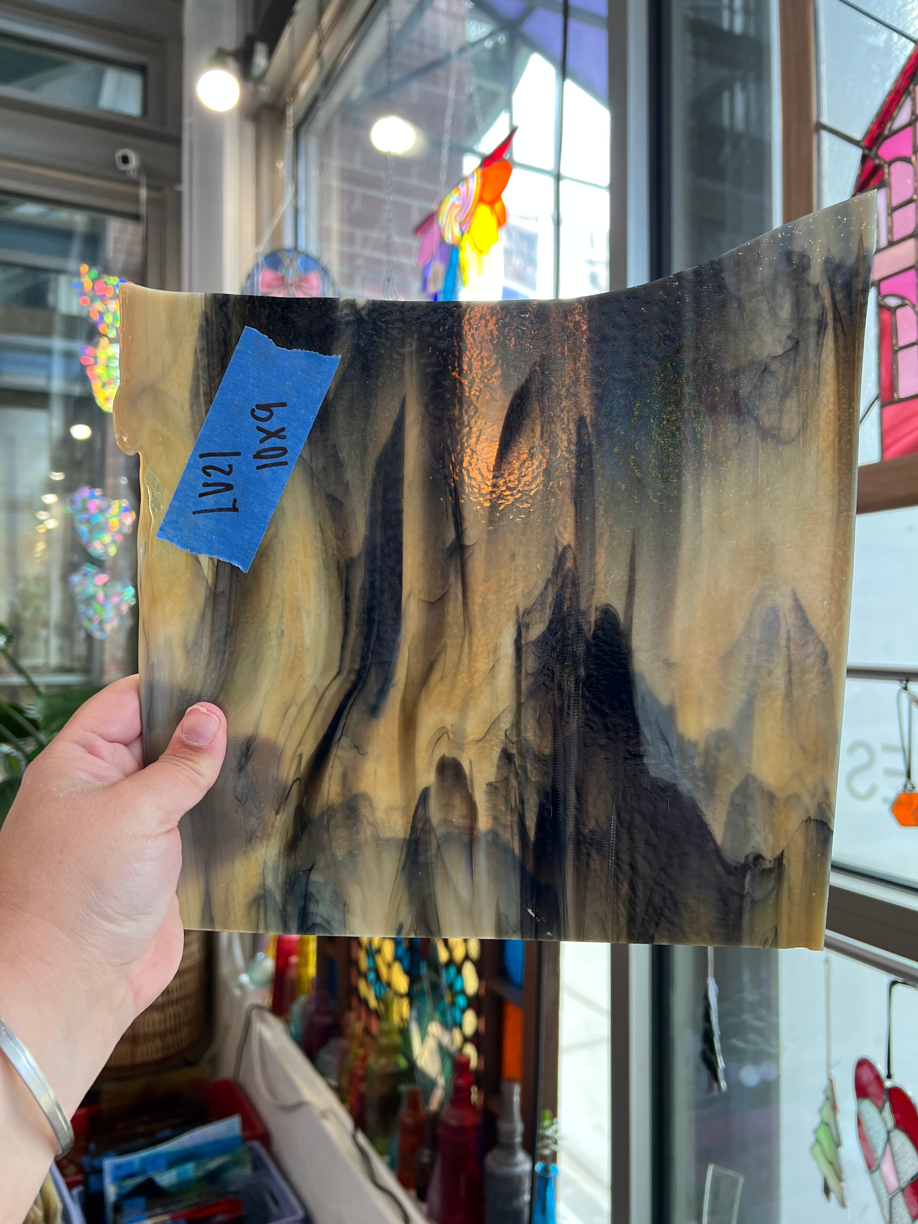 Tan Black Wispy Bullseye Fusible Sheet Glass Bullseye Glass LV21 (10x9inin)