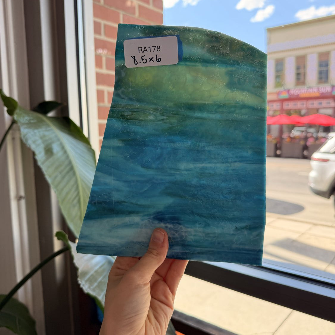 Blue Green Mottled (score line accounted for) Sheet Glass Colorado Glassworks