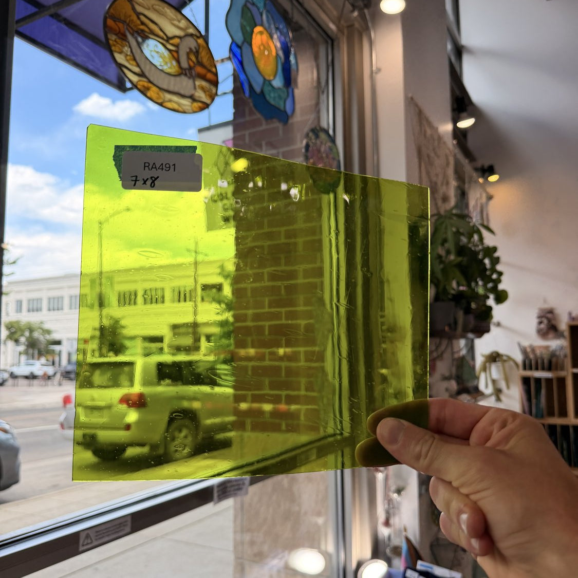 Mouthblown Lime Green Antique Sheet Glass Mouth Blown Glass RA491 (7x8in)