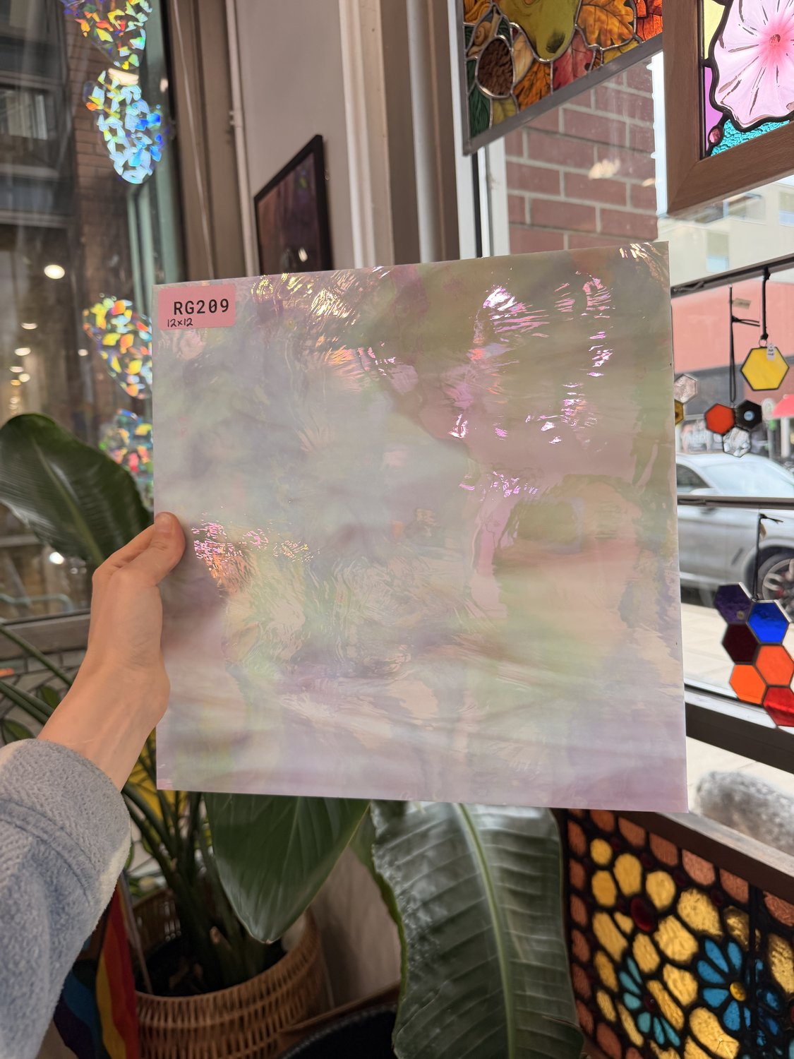 Mauve White Wispy Vintage Iridescent Sheet Glass