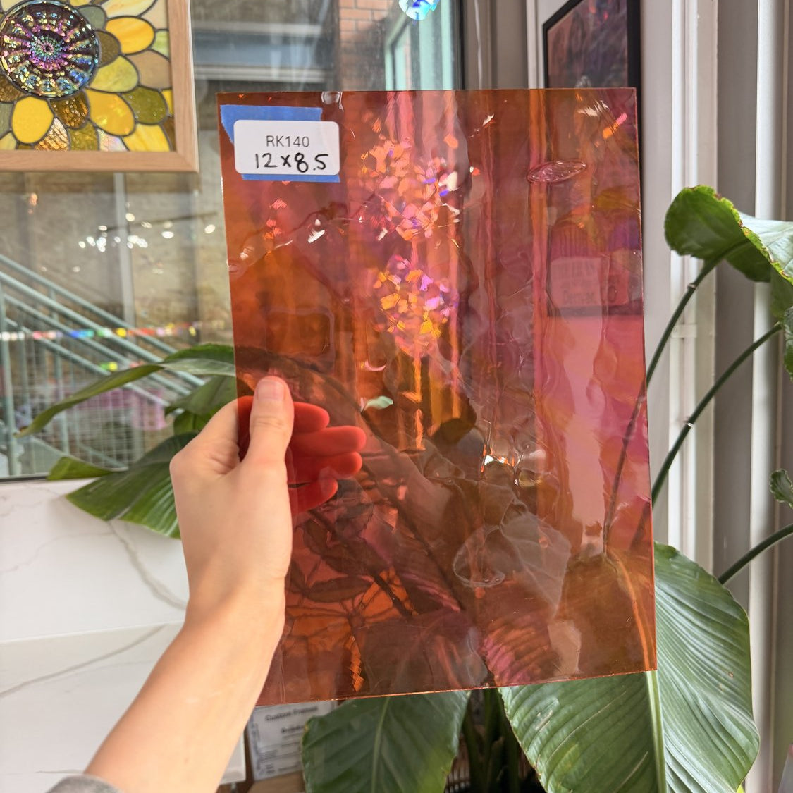 Vintage Pink Orange Swirl on Clear Lamberts Flash Glass Sheet Glass Lamberts Glass 12x8.5in (LA-85675309)