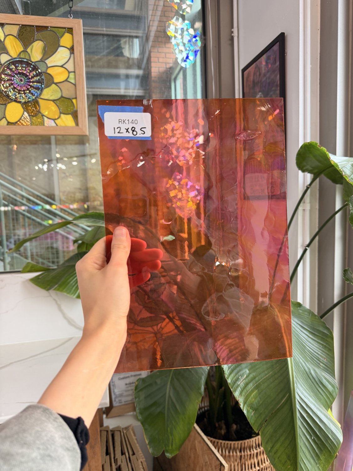 Vintage Pink Orange Swirl on Clear Lamberts Flash Glass Sheet Glass Lamberts Glass 12x8.5in (LA-85675309)