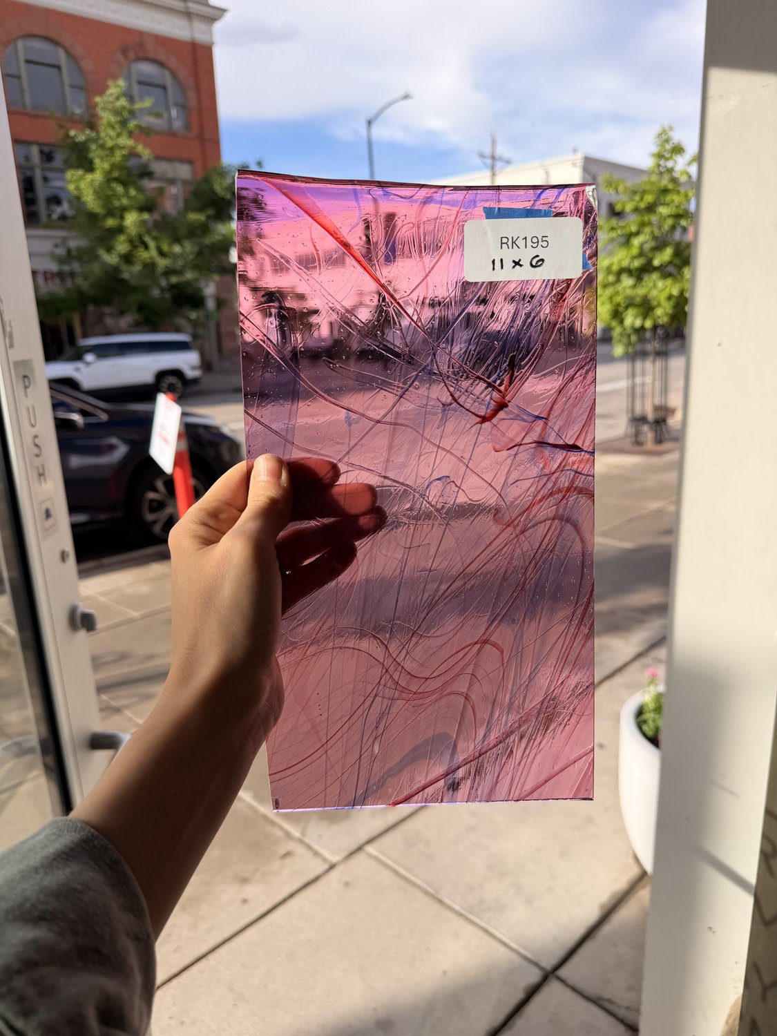 Taffy Pull (Pink Blue Stringer) on Clear Lamberts Flash Glass Sheet Glass Lamberts Glass