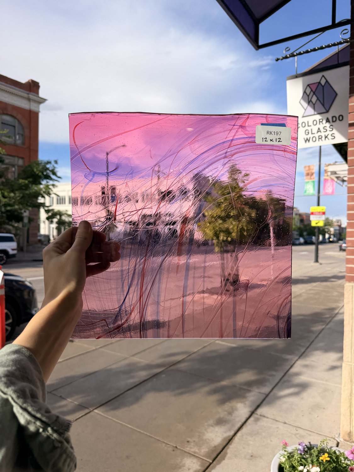 Taffy Pull (Pink Blue Stringer) on Clear Lamberts Flash Glass Sheet Glass Lamberts Glass