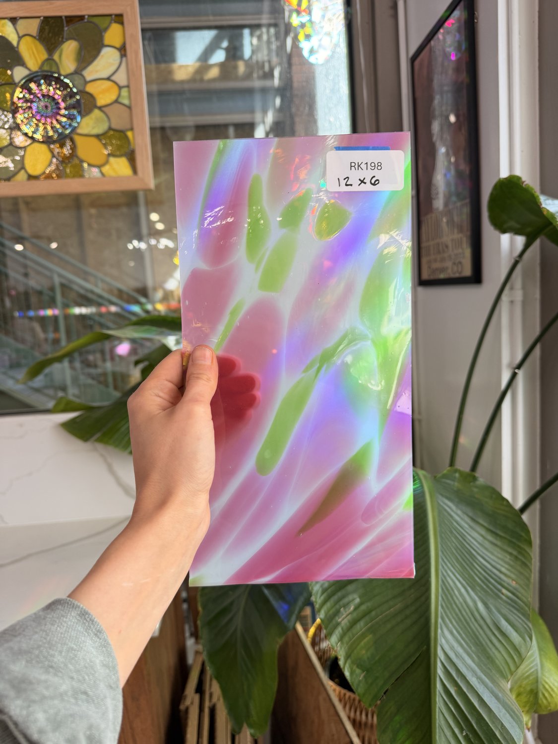 Pink Green Dapple on Clear Lamberts Flash Glass Sheet Glass Lamberts Glass 12x6in (LA-30633005)