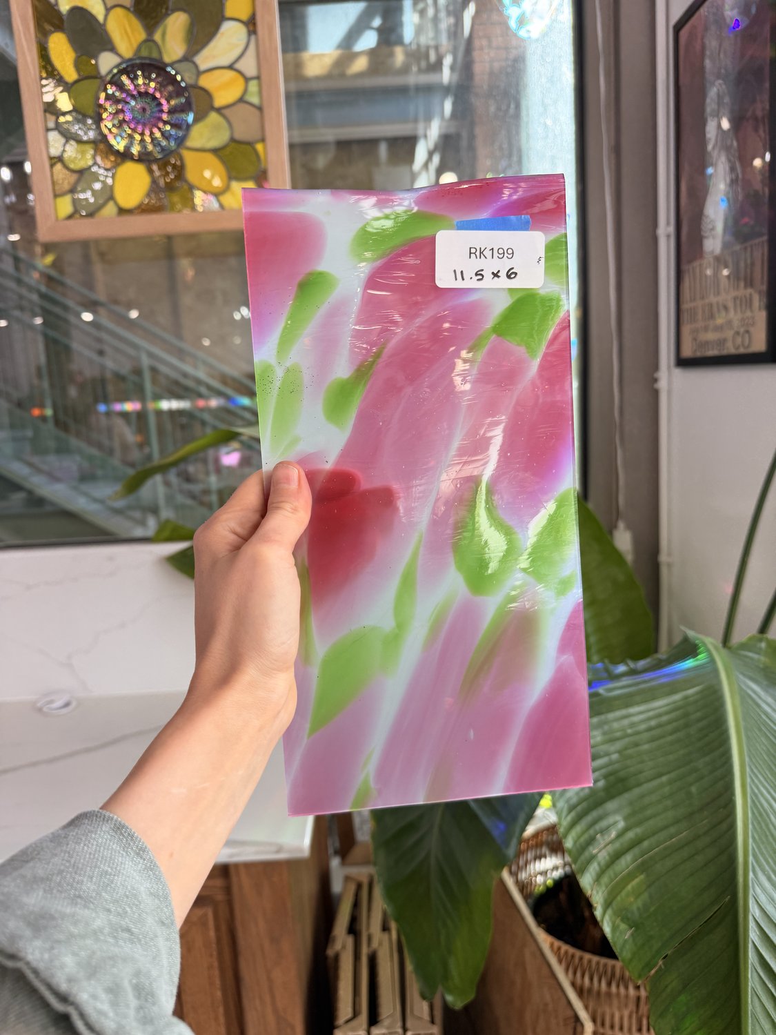 Pink Green Dapple on Clear Lamberts Flash Glass Sheet Glass Lamberts Glass 11.5x6in (LA-30665773)
