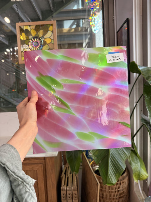 Pink Green Dapple on Clear Lamberts Flash Glass Sheet Glass Lamberts Glass 12x11.5in (LA-30698541)