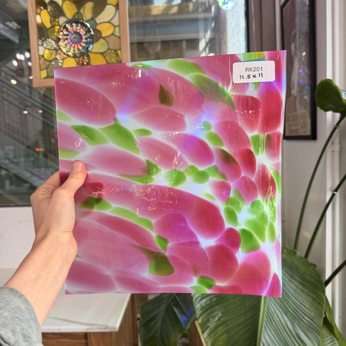 Pink Green Dapple on Clear Lamberts Flash Glass Sheet Glass Lamberts Glass 11.5x11in (LA-30731309)