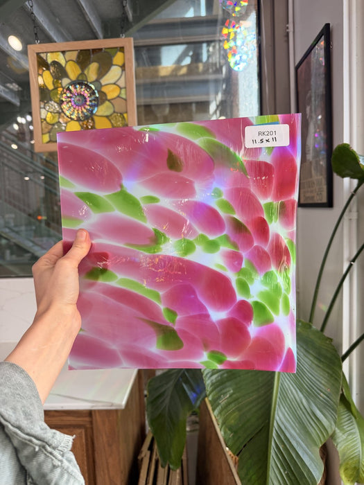 Pink Green Dapple on Clear Lamberts Flash Glass Sheet Glass Lamberts Glass 11.5x11in (LA-30731309)