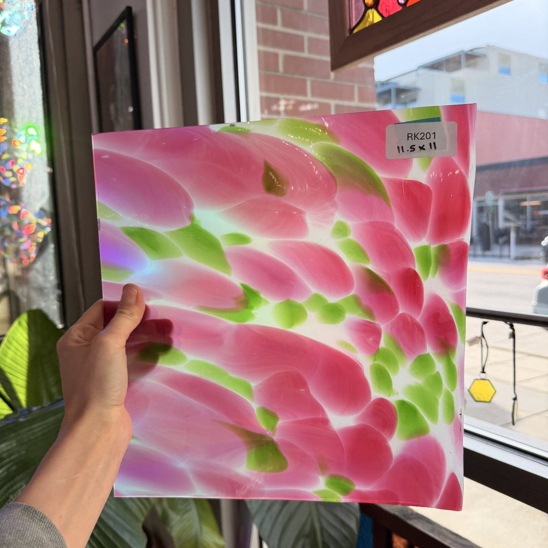 Pink Green Dapple on Clear Lamberts Flash Glass Sheet Glass Lamberts Glass