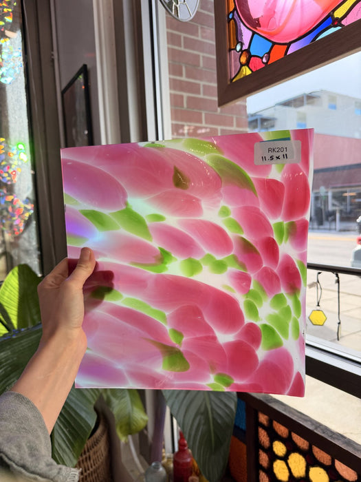 Pink Green Dapple on Clear Lamberts Flash Glass Sheet Glass Lamberts Glass
