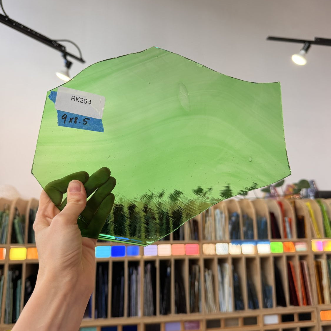 Green Wispy Transparent Mouthblown Flash (on clear) Sheet Glass