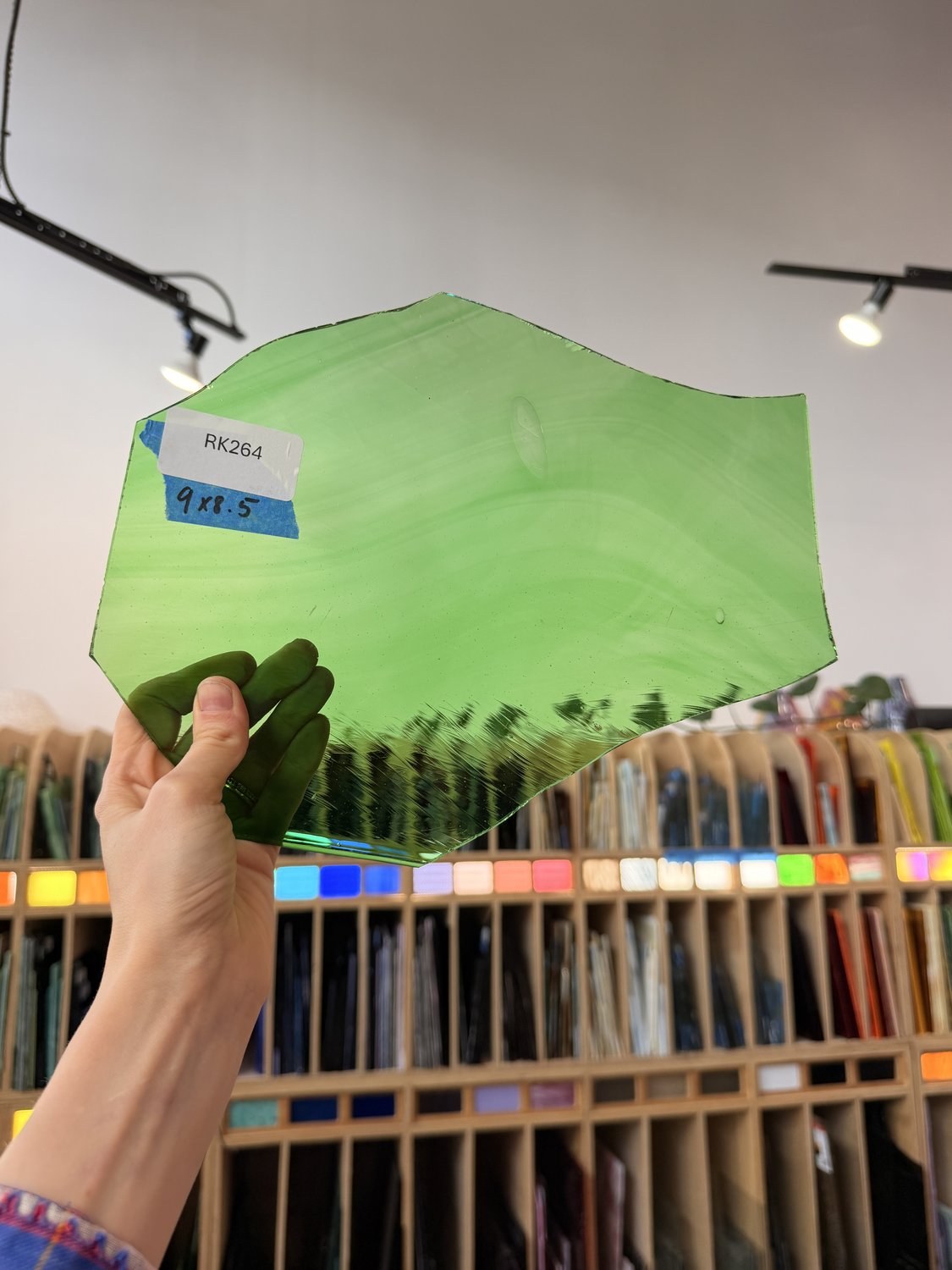 Green Wispy Transparent Mouthblown Flash (on clear) Sheet Glass