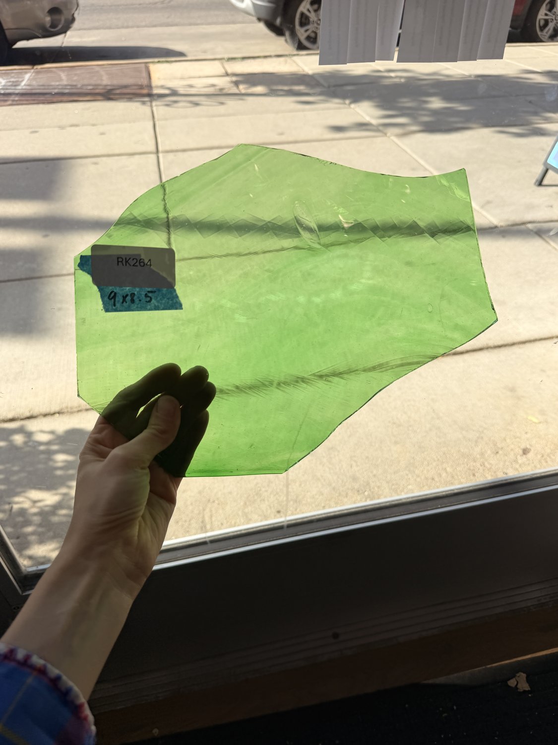 Green Wispy Transparent Mouthblown Flash (on clear) Sheet Glass