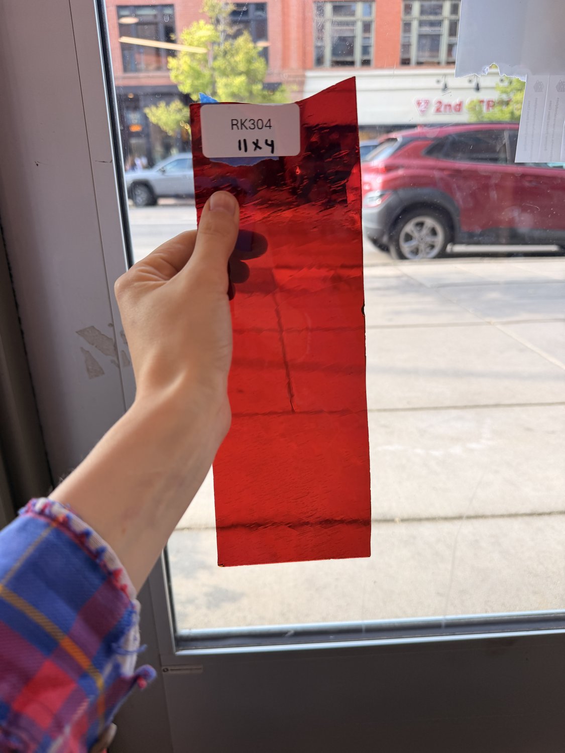 Red Transparent Mouthblown Seedy Sheet Glass