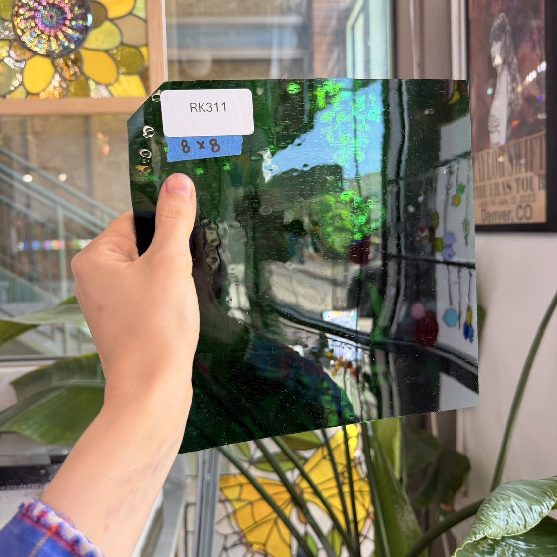Dark Green Seedy Mouthblown Sheet Glass