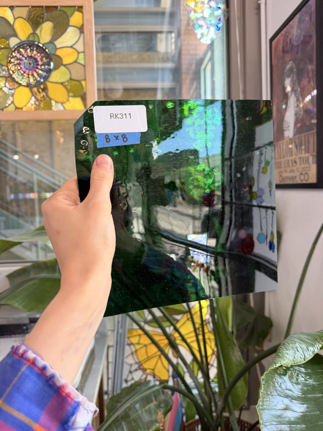 Dark Green Seedy Mouthblown Sheet Glass