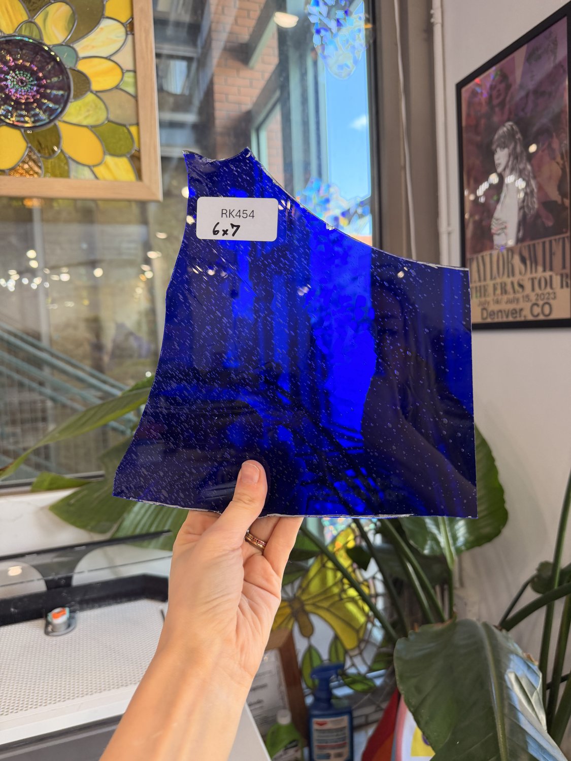 Dark Blue on Clear Flashed Mouth Blown Transparent Sheet Glass Mouth Blown Glass RK454 (6x7in)