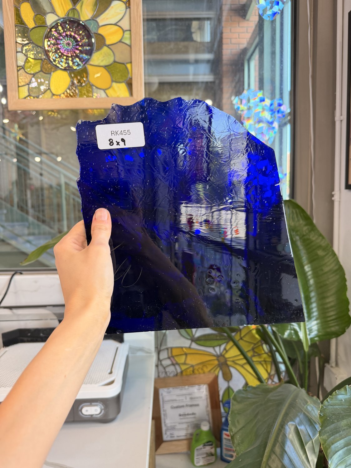 Dark Blue on Clear Flashed Mouth Blown Transparent Sheet Glass Mouth Blown Glass RK455 (8x9in)
