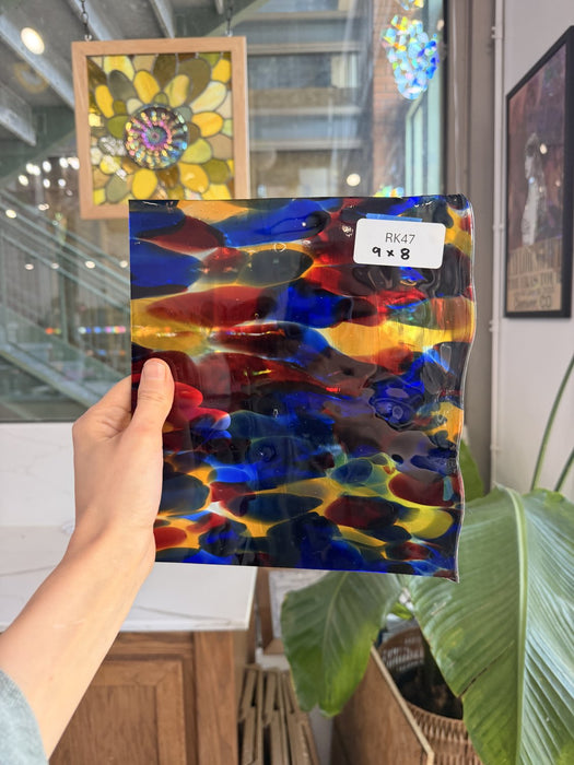 Lamberts Mouthblown S244 Blue Red and Silenium Yellow Sheet Glass Lamberts Glass RK47 (9x8in)