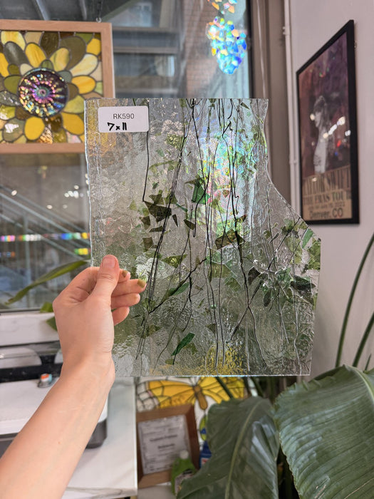 Clear and Green Aventurine Fracture Bullseye Fusible Sheet Glass Bullseye Glass RK590 (7x11in)
