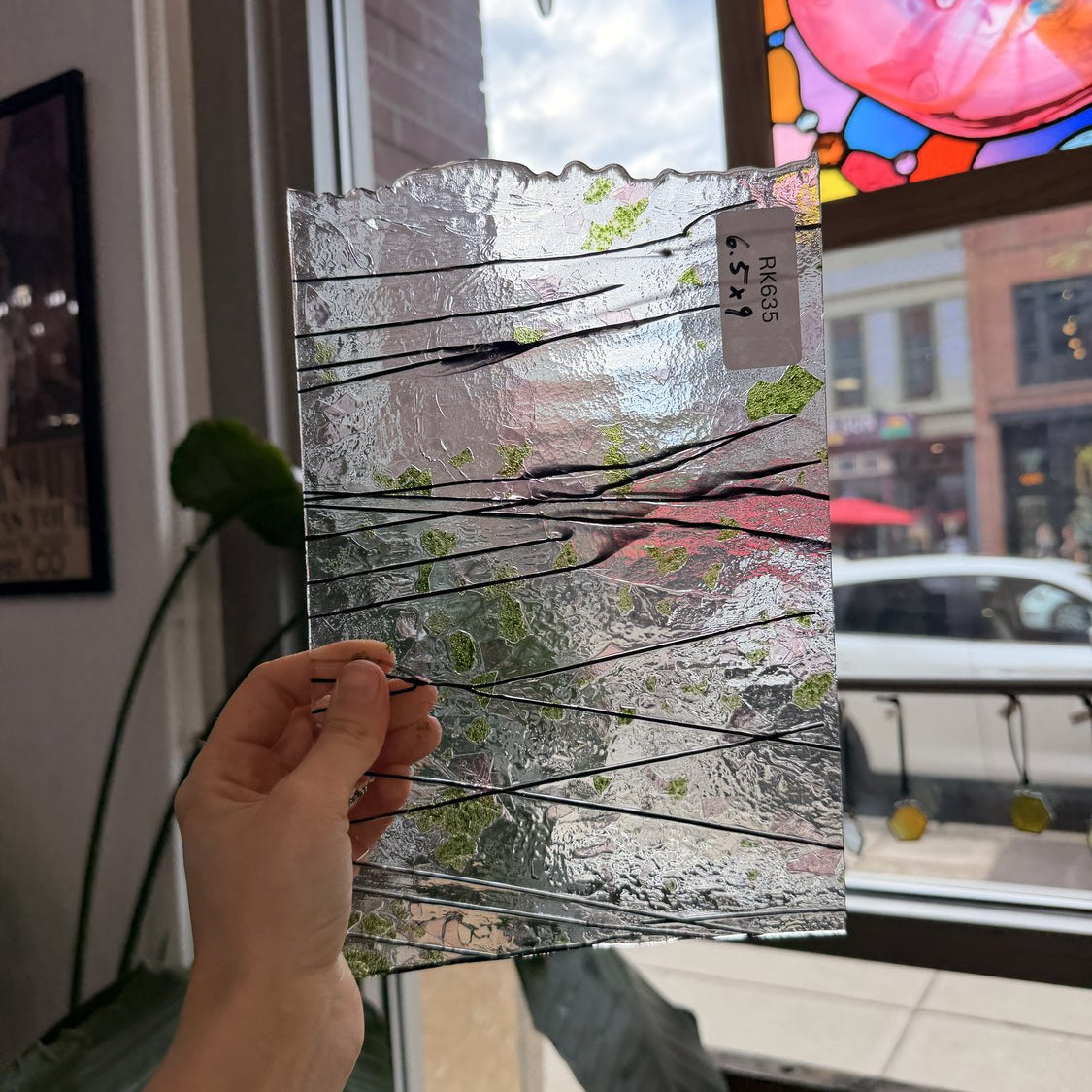 Bullseye Aventurine Green & Pink Fracture and Black Stringer Glass Fusible 90 COE Fusible Sheet Glass Bullseye Glass