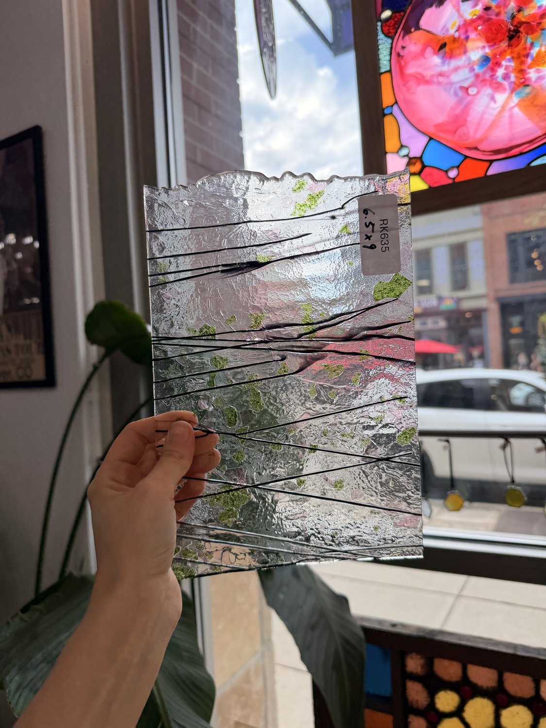 Bullseye Aventurine Green & Pink Fracture and Black Stringer Glass Fusible 90 COE Fusible Sheet Glass Bullseye Glass