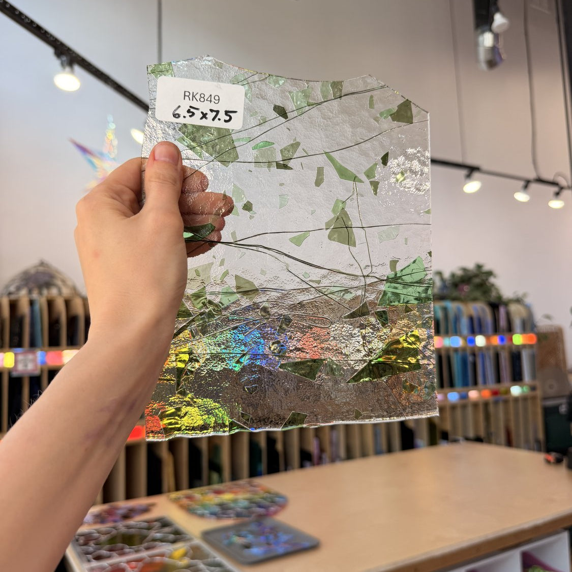 Green and Clear Fracture and Stringer Bullseye Sheet Glass