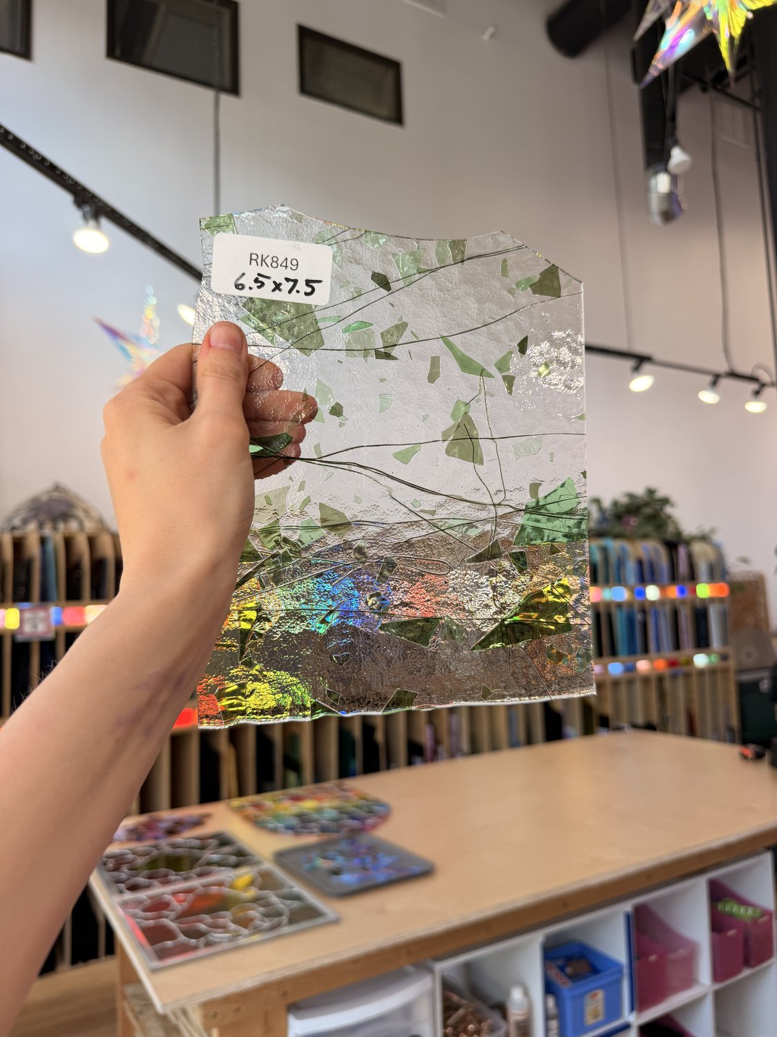 Green and Clear Fracture and Stringer Bullseye Sheet Glass