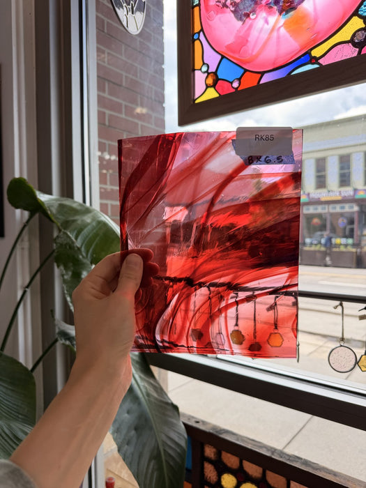 Red Pink Swirl on Clear Lamberts Flash Glass Sheet Glass Lamberts Glass RK85 (8x6.5in)