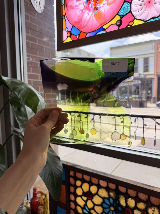 Dark Purple Lime Green on Clear Lamberts Flash Glass Sheet Glass Lamberts Glass