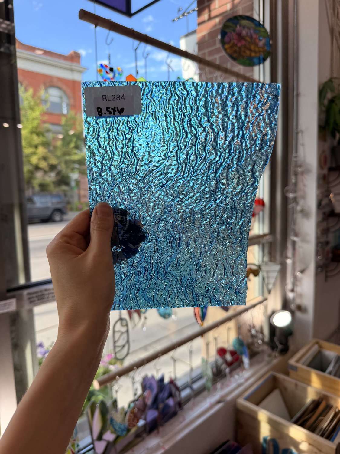 Iridescent Transparent Peacock Blue Tight Ripple Kokomo Sheet Glass