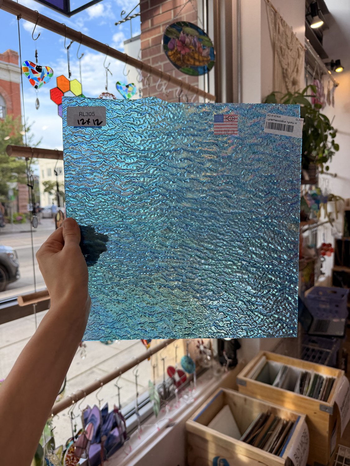 Iridescent Transparent Peacock Blue Tight Ripple Kokomo Sheet Glass