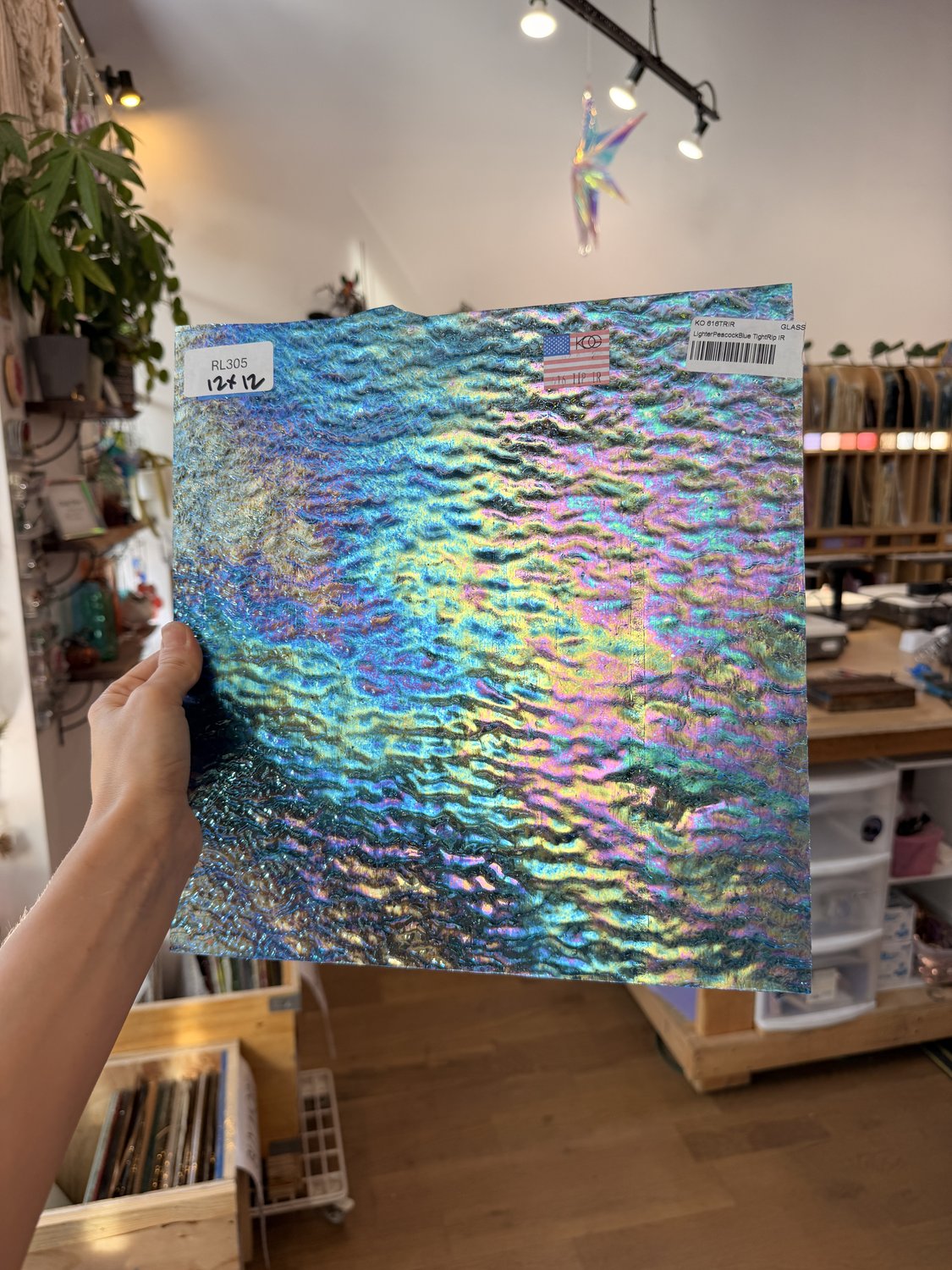 Iridescent Transparent Peacock Blue Tight Ripple Kokomo Sheet Glass