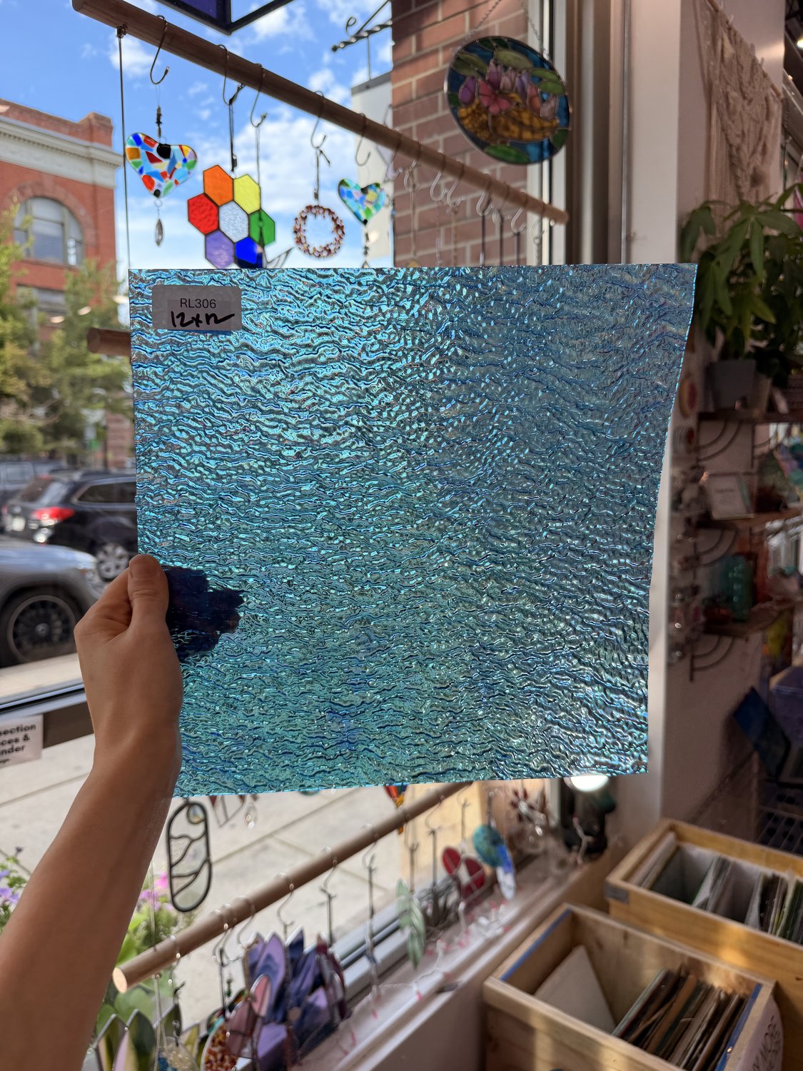 Iridescent Transparent Peacock Blue Tight Ripple Kokomo Sheet Glass