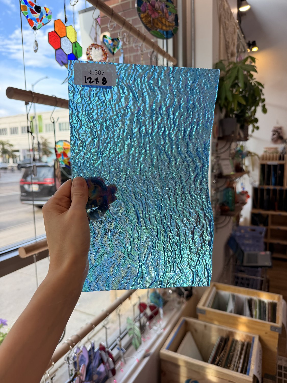 Iridescent Transparent Peacock Blue Tight Ripple Kokomo Sheet Glass
