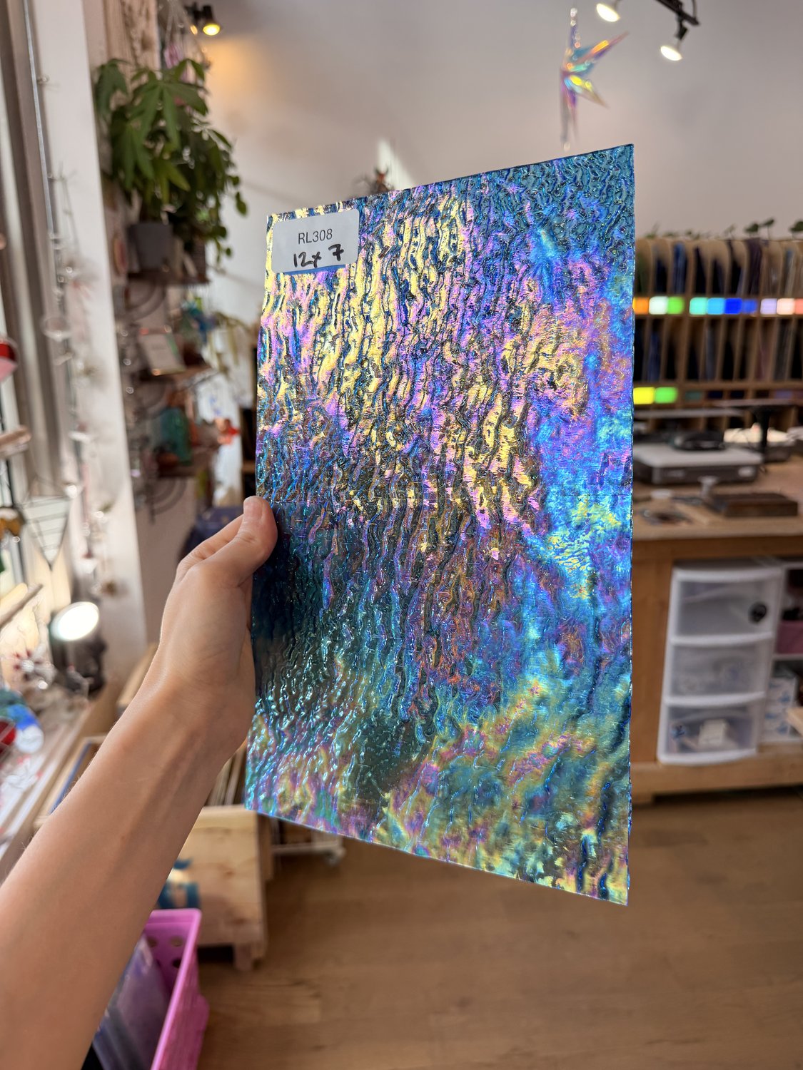 Iridescent Transparent Peacock Blue Tight Ripple Kokomo Sheet Glass