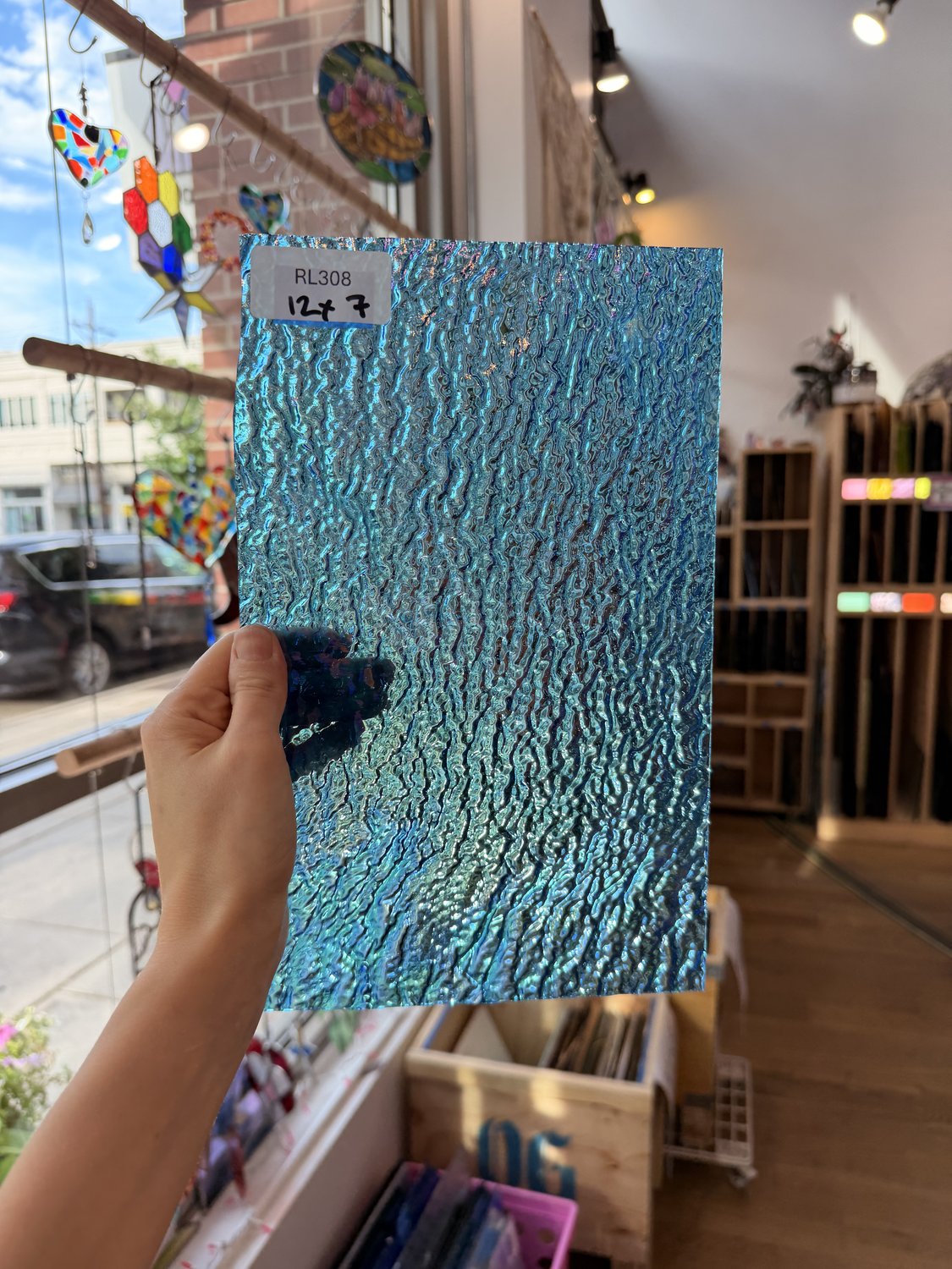 Iridescent Transparent Peacock Blue Tight Ripple Kokomo Sheet Glass